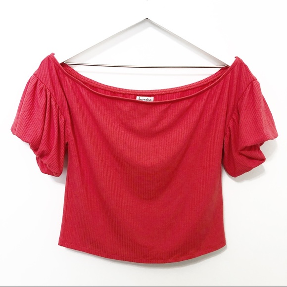 love, Fire Tops - Love Fire Off the Shoulder Ribbed Short Sleeve Top